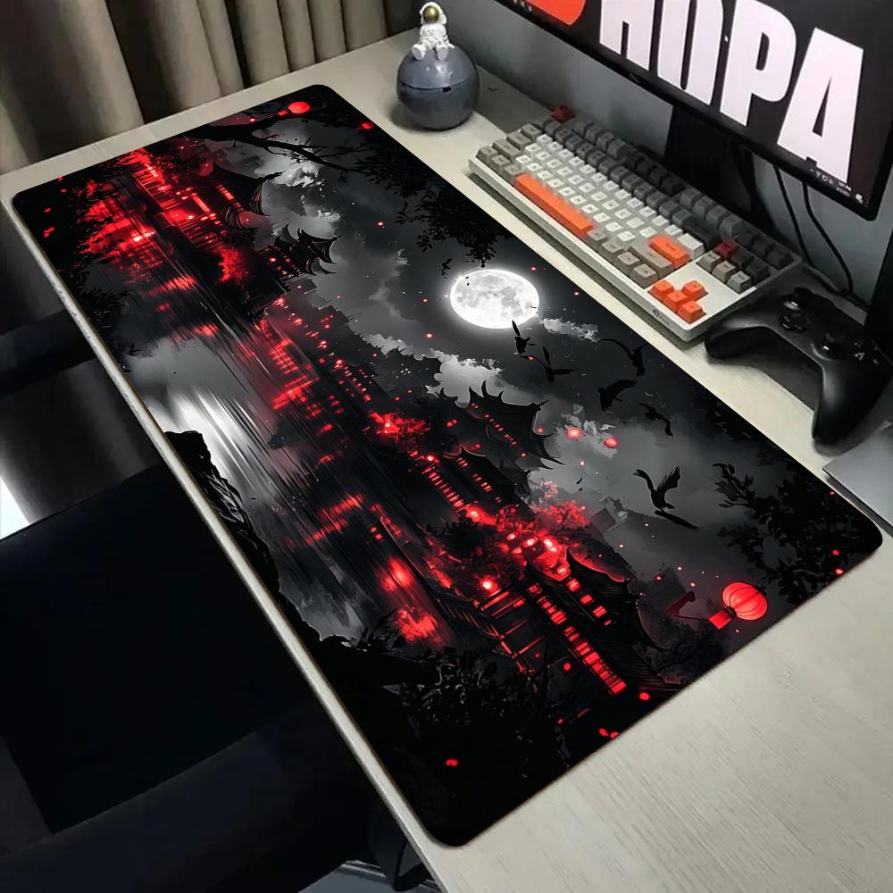 Desk Setup Dark - Alas Mouse dengan Motif Lanskap Fantasi