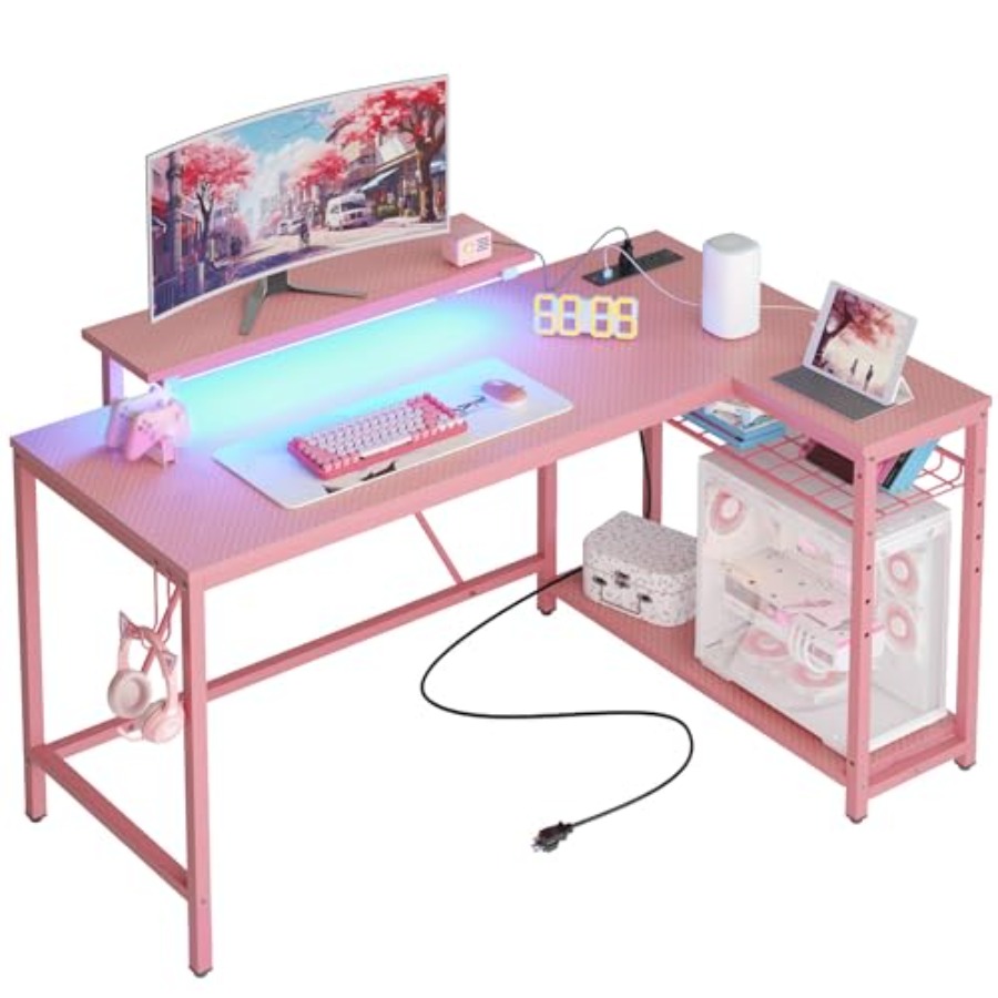 Meja Gaming Bentuk L dengan Pe - Desk Setup Pink ulasan dan harga