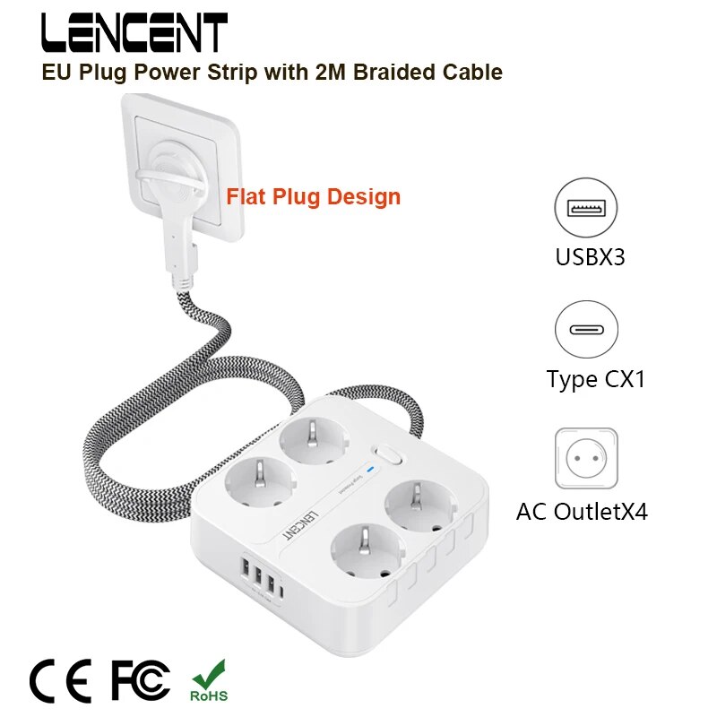 LENCENT Strip daya colokan EU, - Power Strip Flat ulasan dan harga